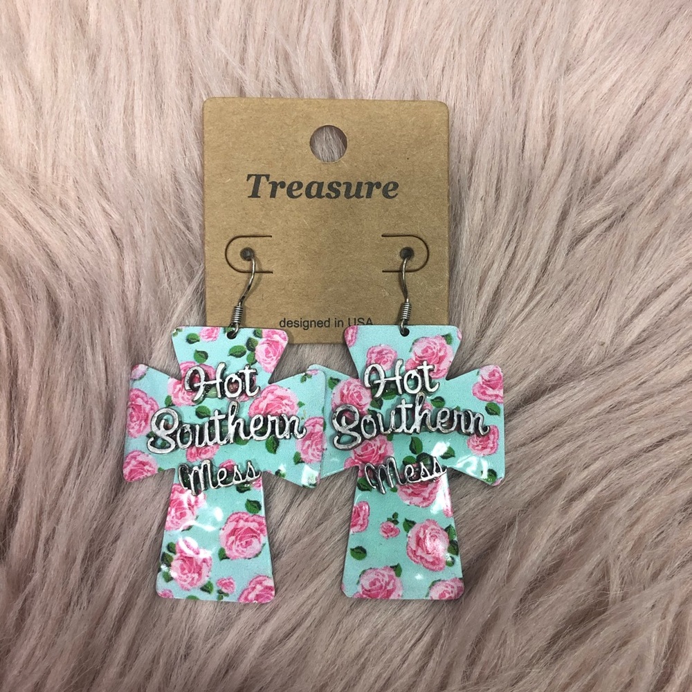 Hot Southern Mess floral cross earrings